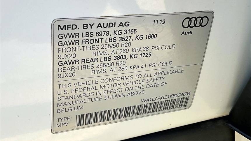 2019 Audi e-tron WA1LAAGE1KB024634