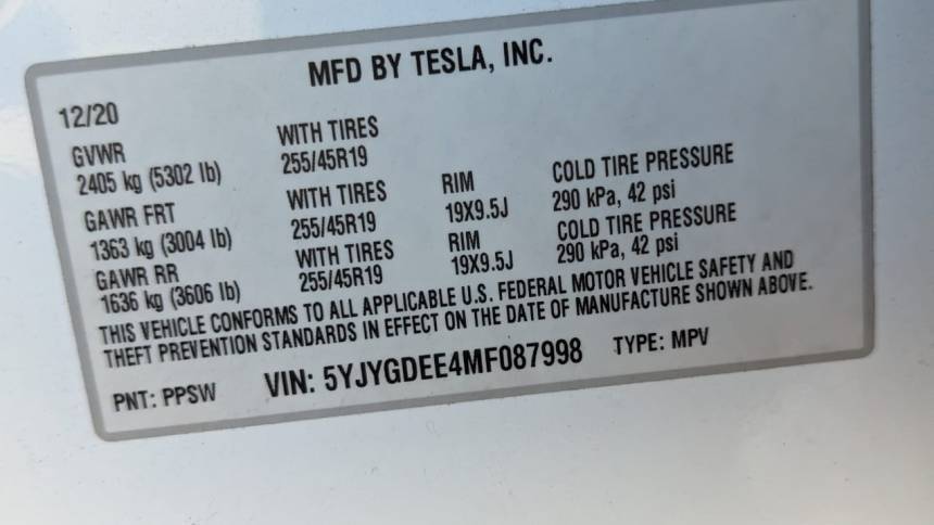 2021 Tesla Model Y 5YJYGDEE4MF087998
