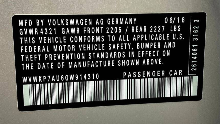 2016 Volkswagen e-Golf WVWKP7AU6GW914310