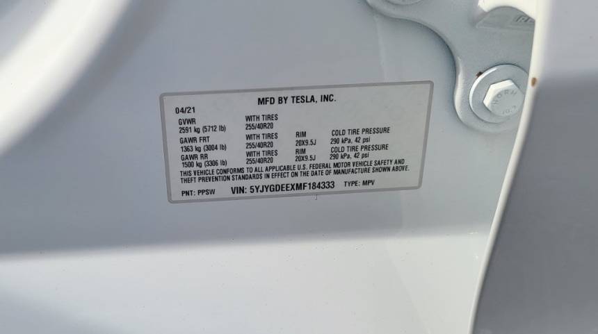 2021 Tesla Model Y 5YJYGDEEXMF184333