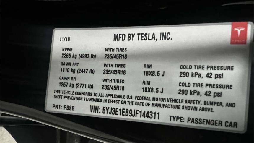 2018 Tesla Model 3 5YJ3E1EB9JF144311