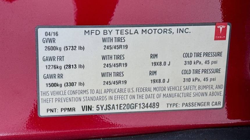 2016 Tesla Model S 5YJSA1E20GF134489