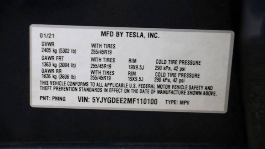 2021 Tesla Model Y 5YJYGDEE2MF110100