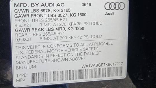 2019 Audi e-tron WA1VABGE7KB017217
