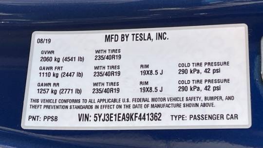 2019 Tesla Model 3 5YJ3E1EA9KF441362