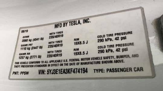 2019 Tesla Model 3 5YJ3E1EA3KF474194