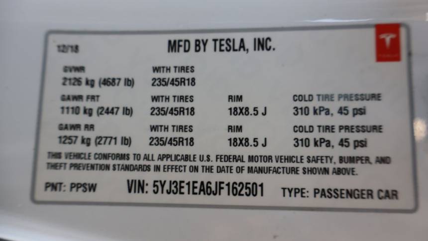 2018 Tesla Model 3 5YJ3E1EA6JF162501