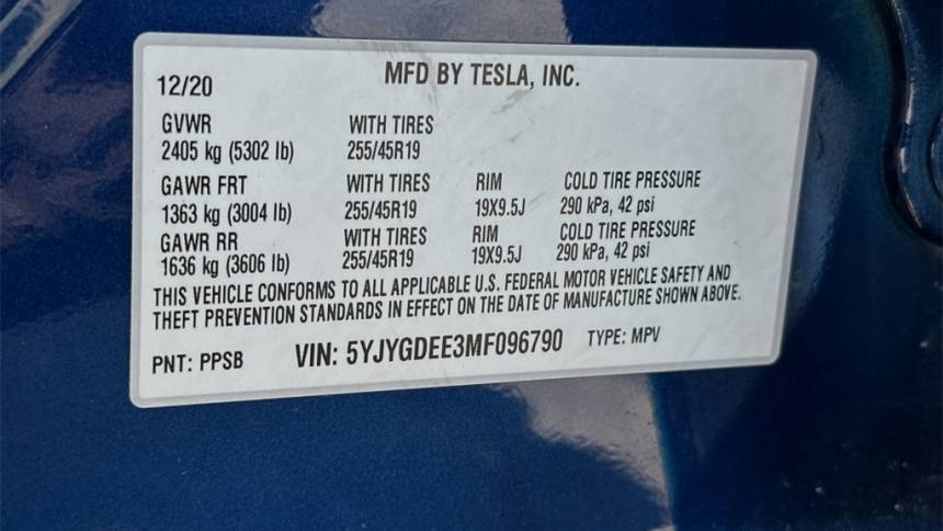 2021 Tesla Model Y 5YJYGDEE3MF096790