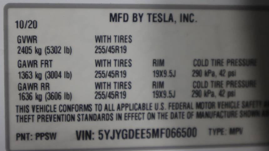 2021 Tesla Model Y 5YJYGDEE5MF066500