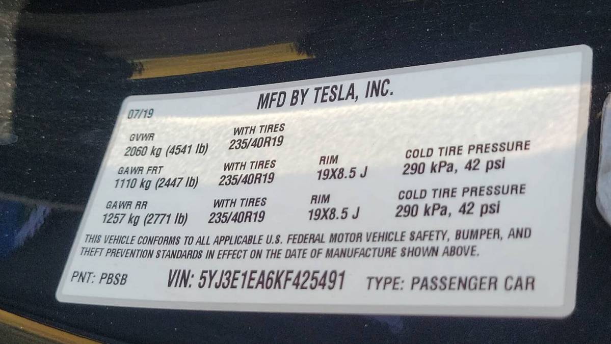 2019 Tesla Model 3 5YJ3E1EA6KF425491