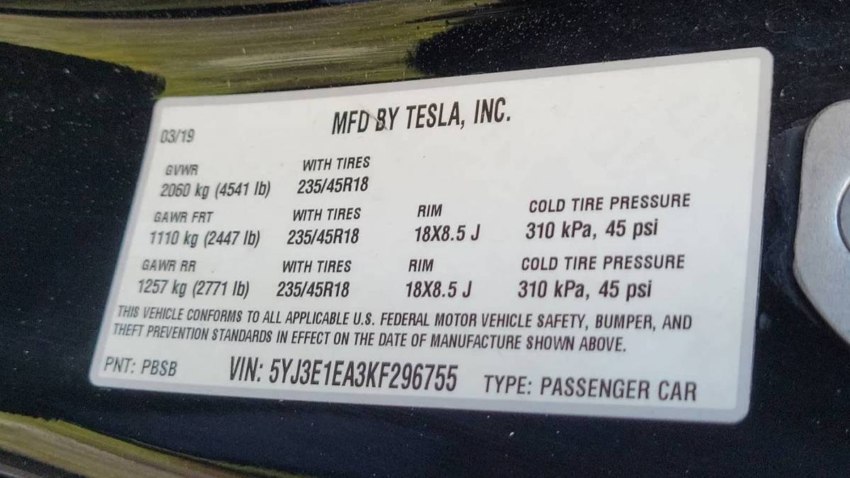 2019 Tesla Model 3 5YJ3E1EA3KF296755