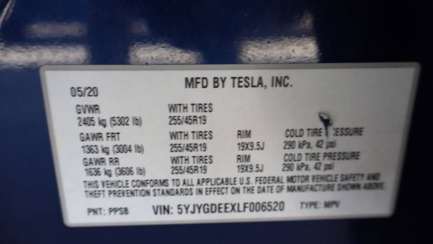 2020 Tesla Model Y 5YJYGDEEXLF006520