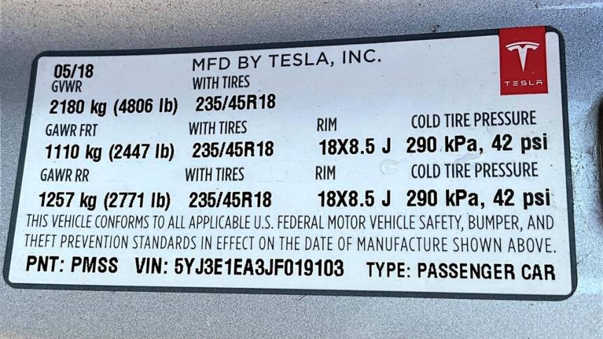 2018 Tesla Model 3 5YJ3E1EA3JF019103