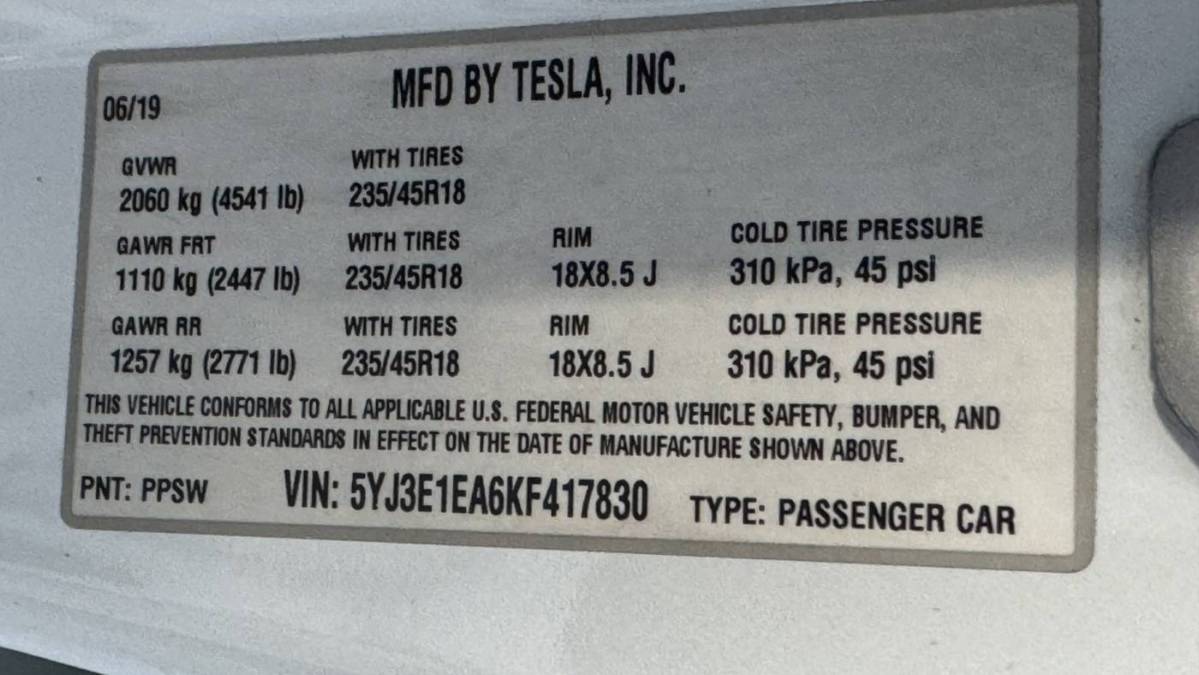 2019 Tesla Model 3 5YJ3E1EA6KF417830