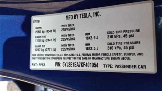 2019 Tesla Model 3 5YJ3E1EA7KF401054