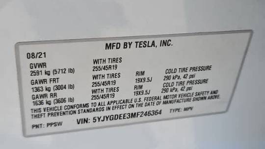 2021 Tesla Model Y 5YJYGDEE3MF246364