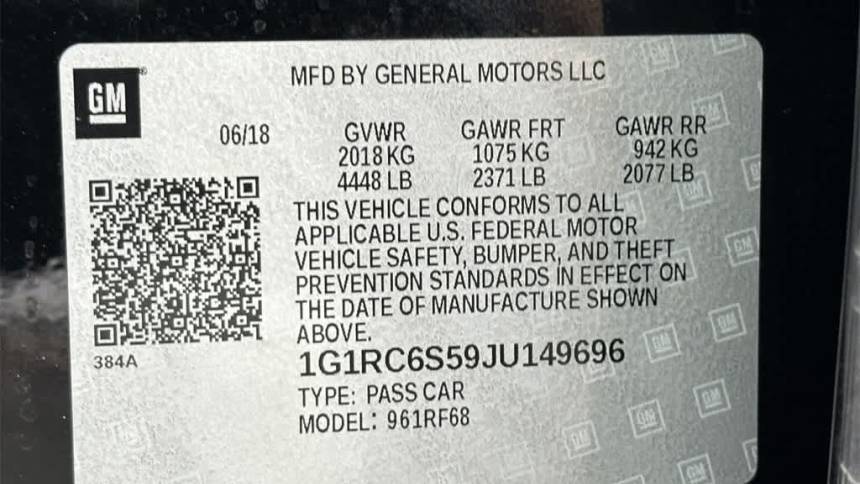 2018 Chevrolet VOLT 1G1RC6S59JU149696