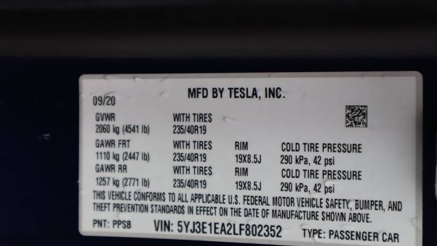 2020 Tesla Model 3 5YJ3E1EA2LF802352