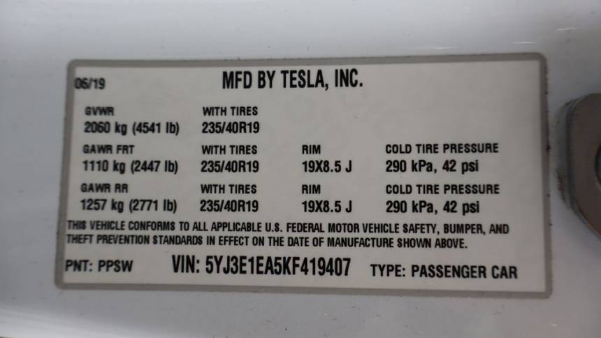 2019 Tesla Model 3 5YJ3E1EA5KF419407