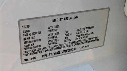 2021 Tesla Model Y 5YJYGDEE2MF097381