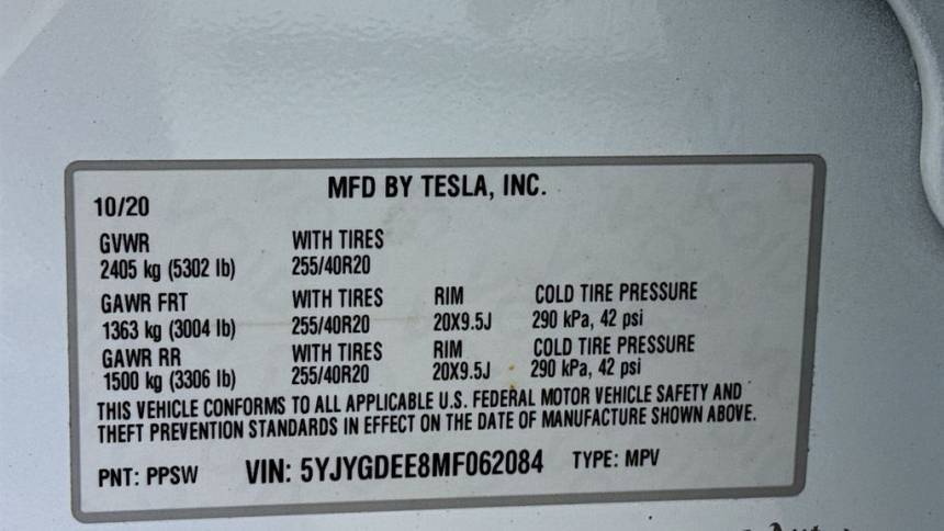 2021 Tesla Model Y 5YJYGDEE8MF062084