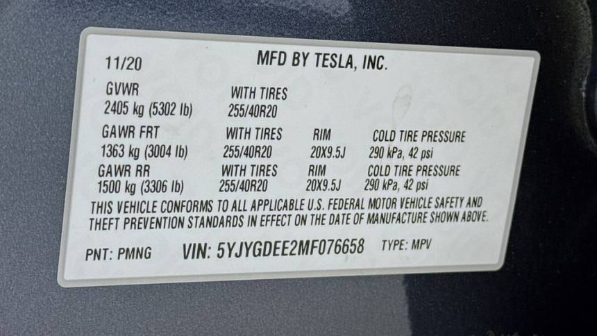 2021 Tesla Model Y 5YJYGDEE2MF076658