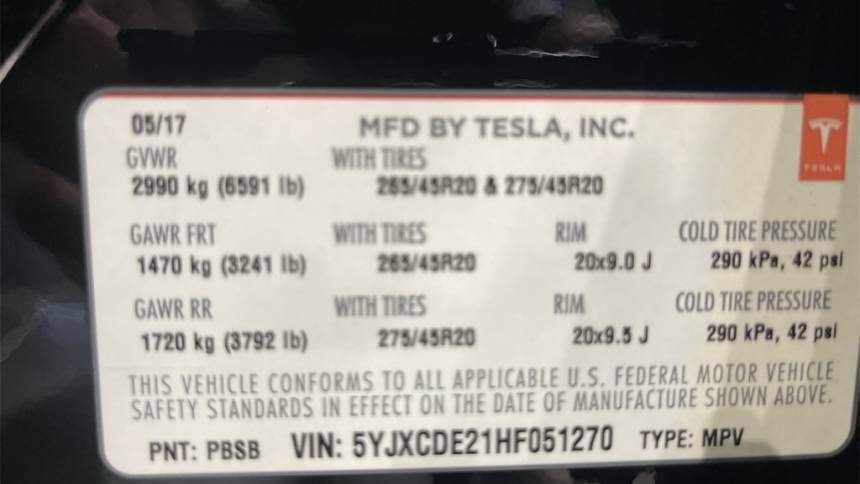 2017 Tesla Model X 5YJXCDE21HF051270