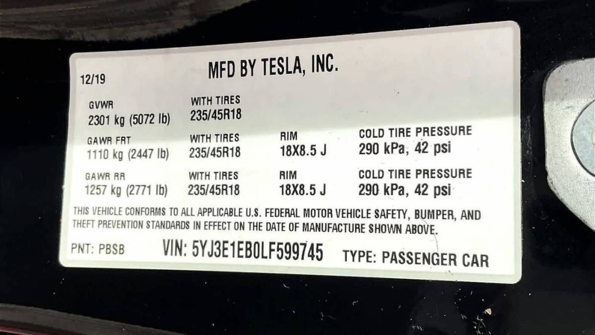 2020 Tesla Model 3 5YJ3E1EB0LF599745