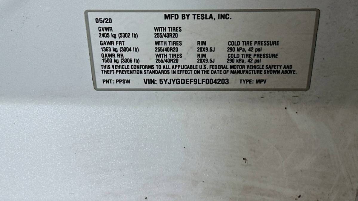 2020 Tesla Model Y 5YJYGDEF9LF004203