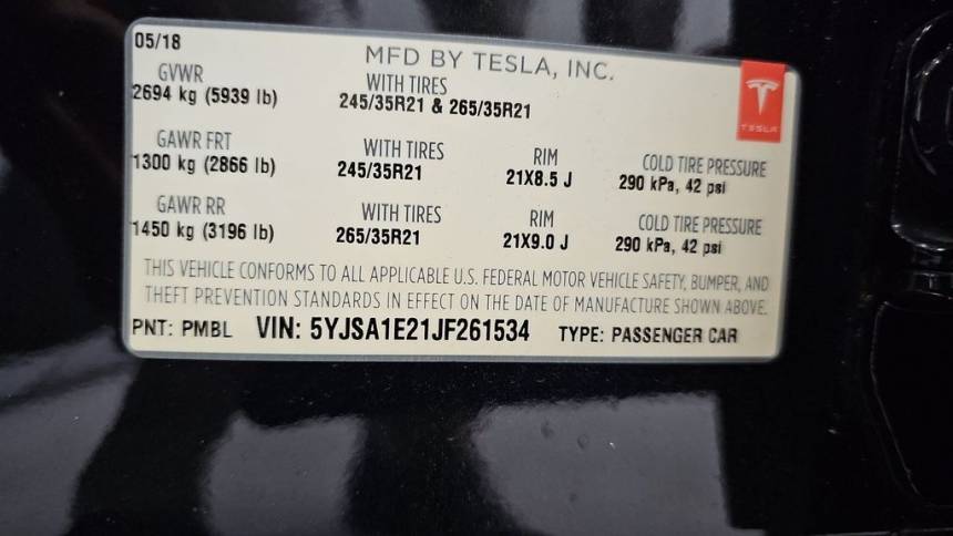 2018 Tesla Model S 5YJSA1E21JF261534