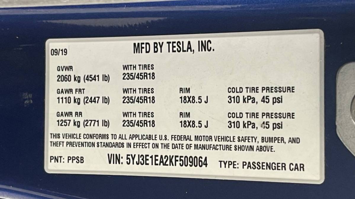 2019 Tesla Model 3 5YJ3E1EA2KF509064