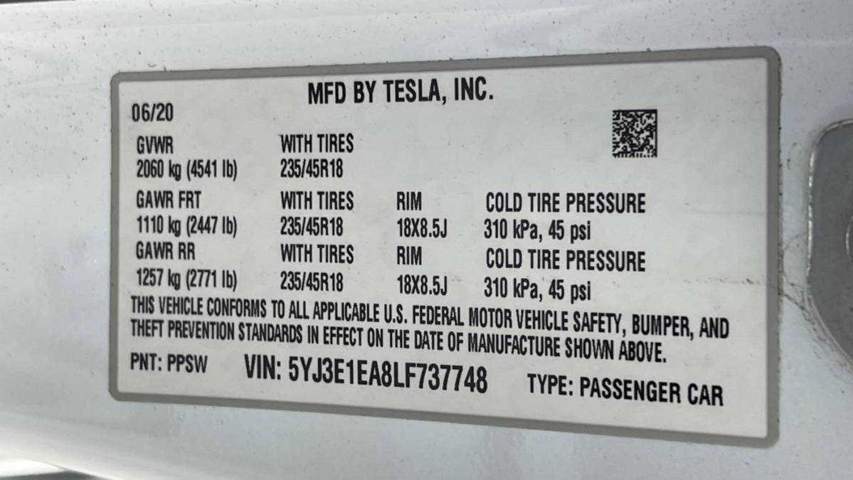 2020 Tesla Model 3 5YJ3E1EA8LF737748