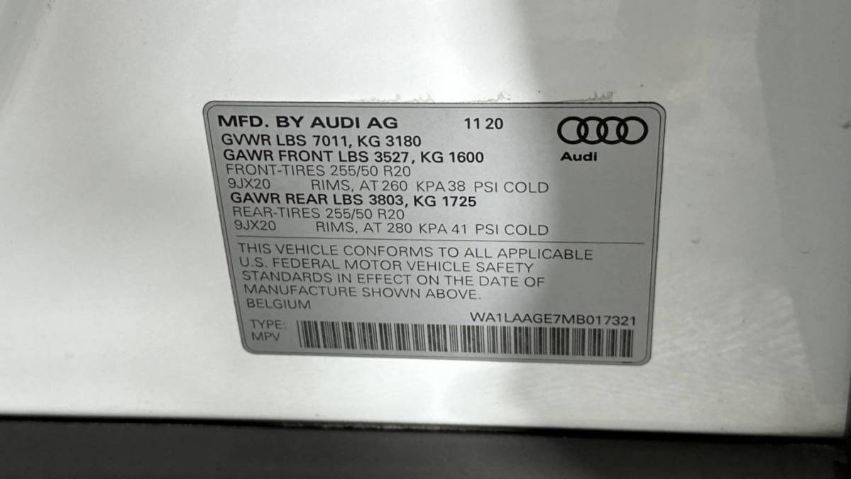 2021 Audi e-tron WA1LAAGE7MB017321