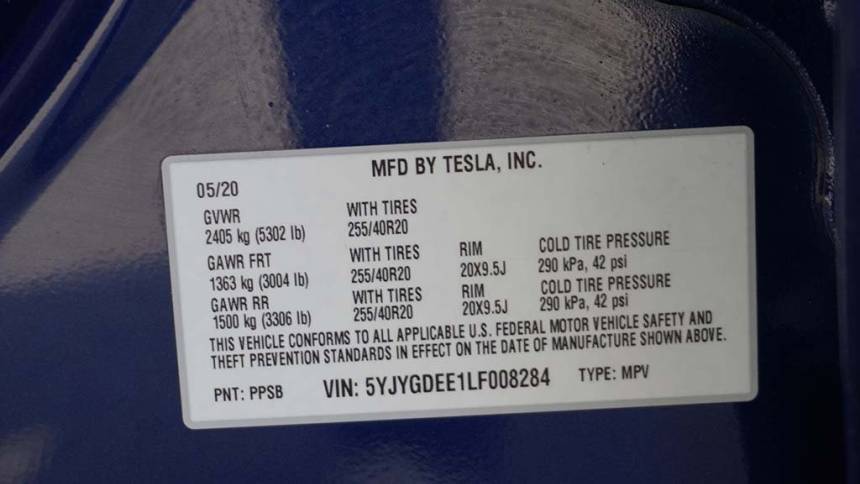 2020 Tesla Model Y 5YJYGDEE1LF008284