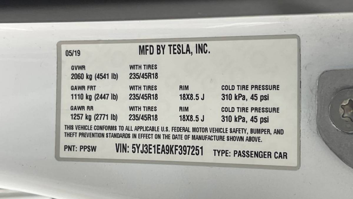 2019 Tesla Model 3 5YJ3E1EA9KF397251