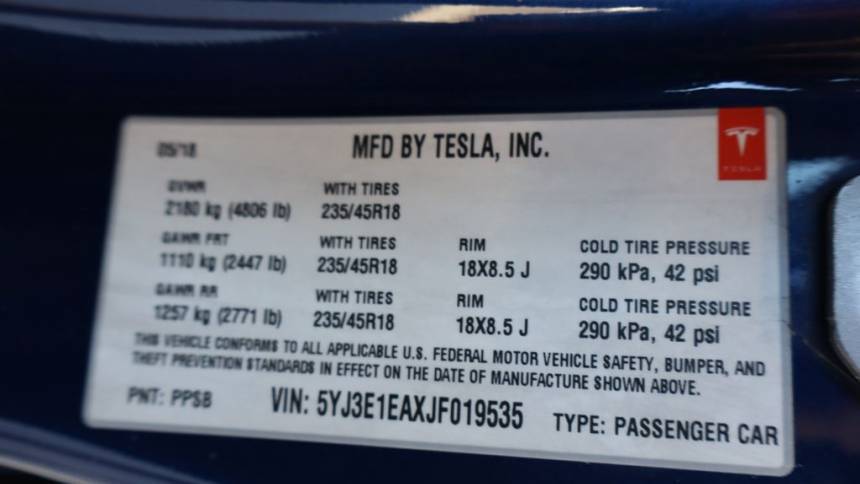 2018 Tesla Model 3 5YJ3E1EAXJF019535