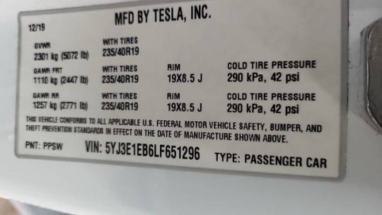 2020 Tesla Model 3 5YJ3E1EB6LF651296