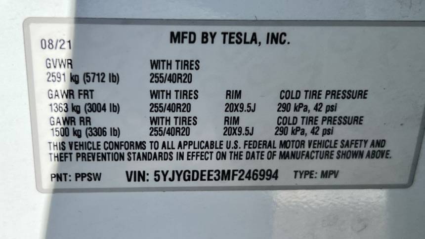 2021 Tesla Model Y 5YJYGDEE3MF246994