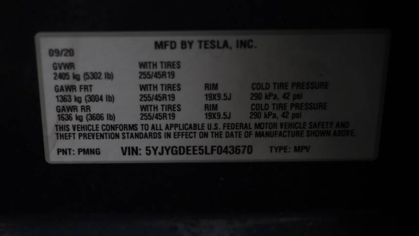 2020 Tesla Model Y 5YJYGDEE5LF043670