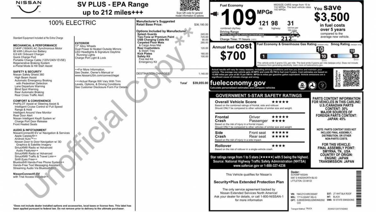 2024 Nissan LEAF 1N4CZ1CV0RC555497