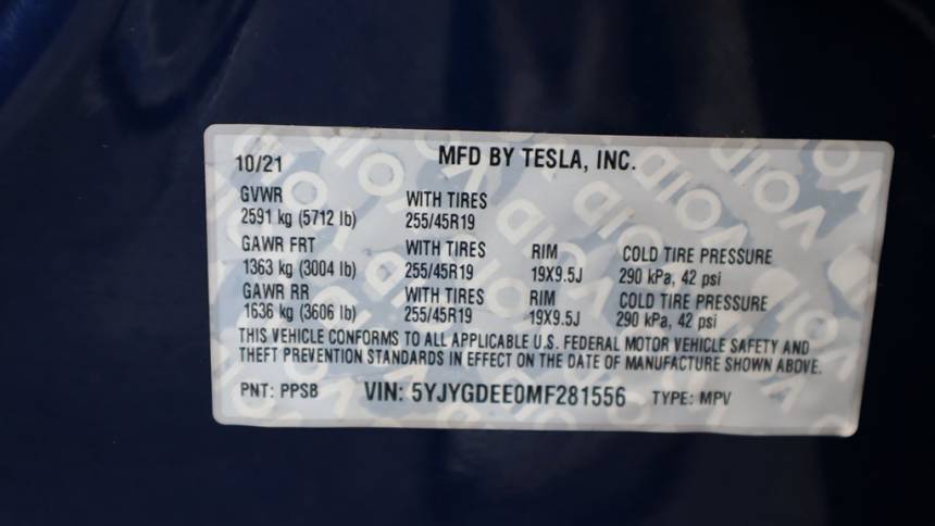 2021 Tesla Model Y 5YJYGDEE0MF281556