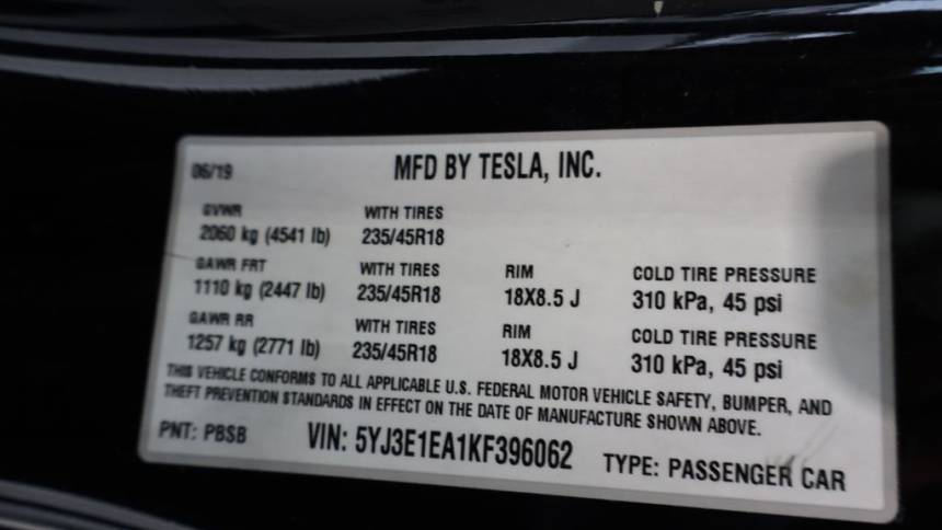 2019 Tesla Model 3 5YJ3E1EA1KF396062