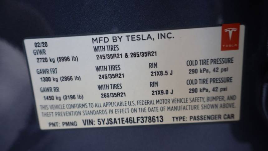 2020 Tesla Model S 5YJSA1E46LF378613