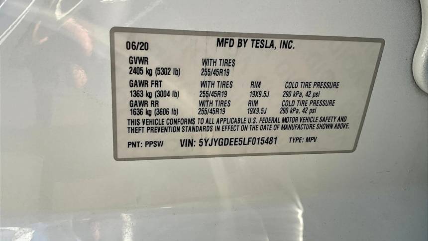 2020 Tesla Model Y 5YJYGDEE5LF015481