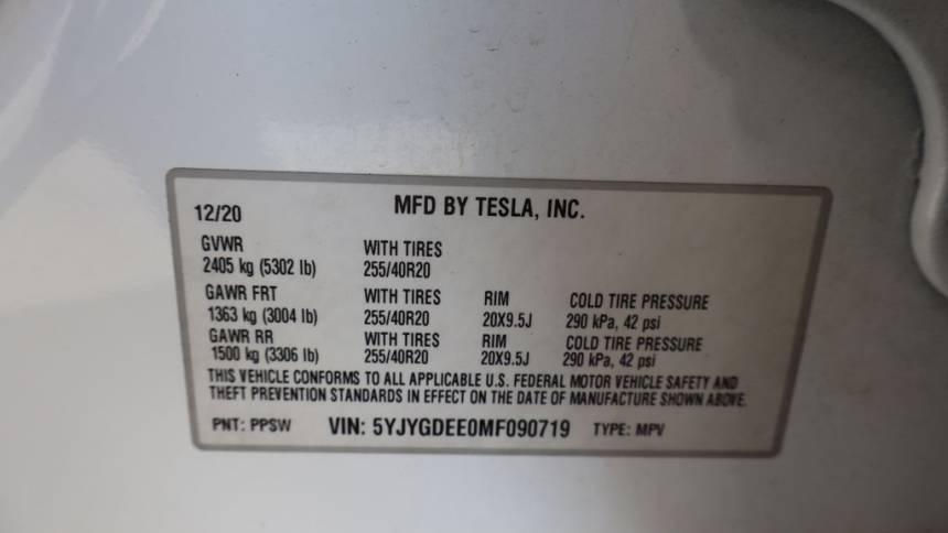 2021 Tesla Model Y 5YJYGDEE0MF090719