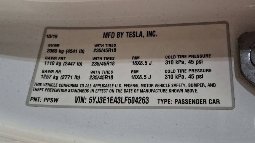 2020 Tesla Model 3 5YJ3E1EA3LF504263