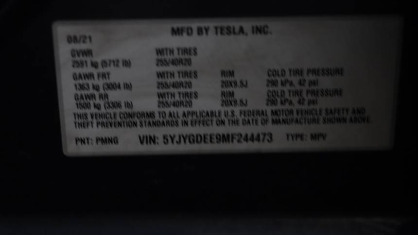 2021 Tesla Model Y 5YJYGDEE9MF244473