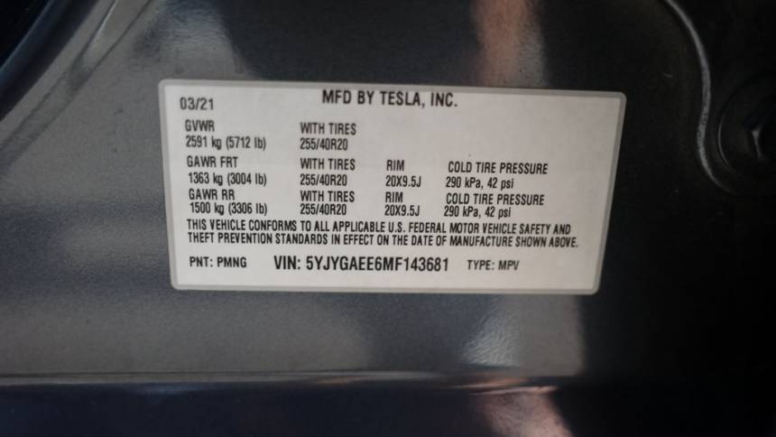 2021 Tesla Model Y 5YJYGAEE6MF143681