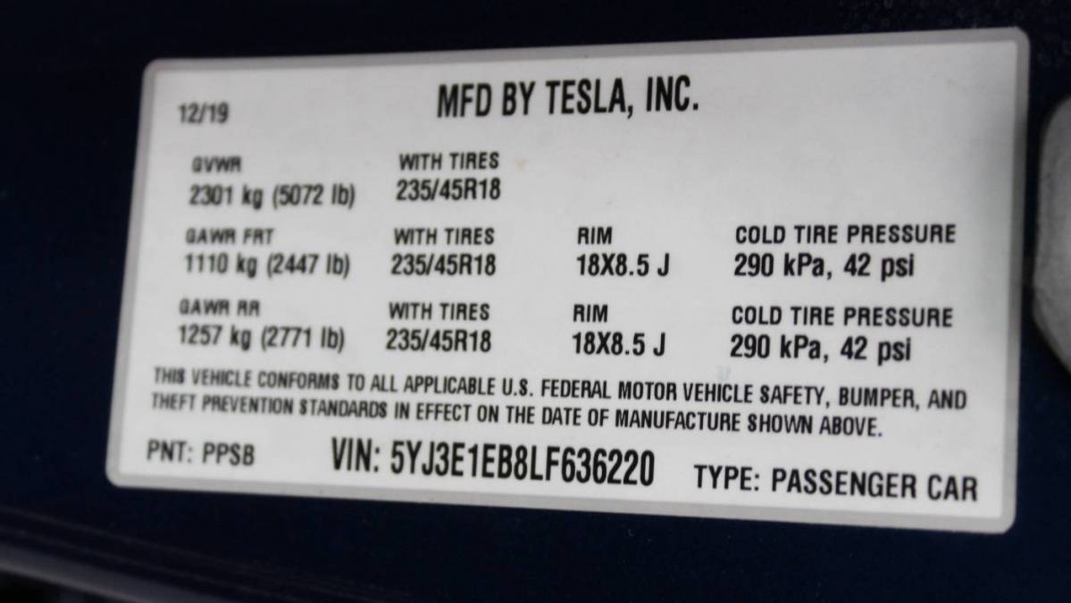 2020 Tesla Model 3 5YJ3E1EB8LF636220