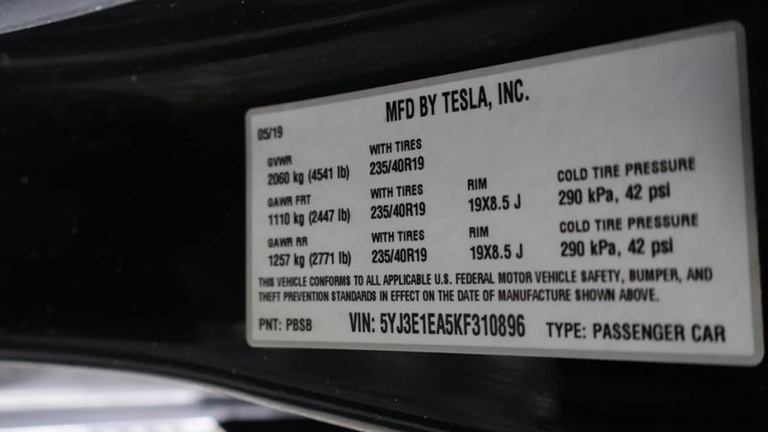 2019 Tesla Model 3 5YJ3E1EA5KF310896